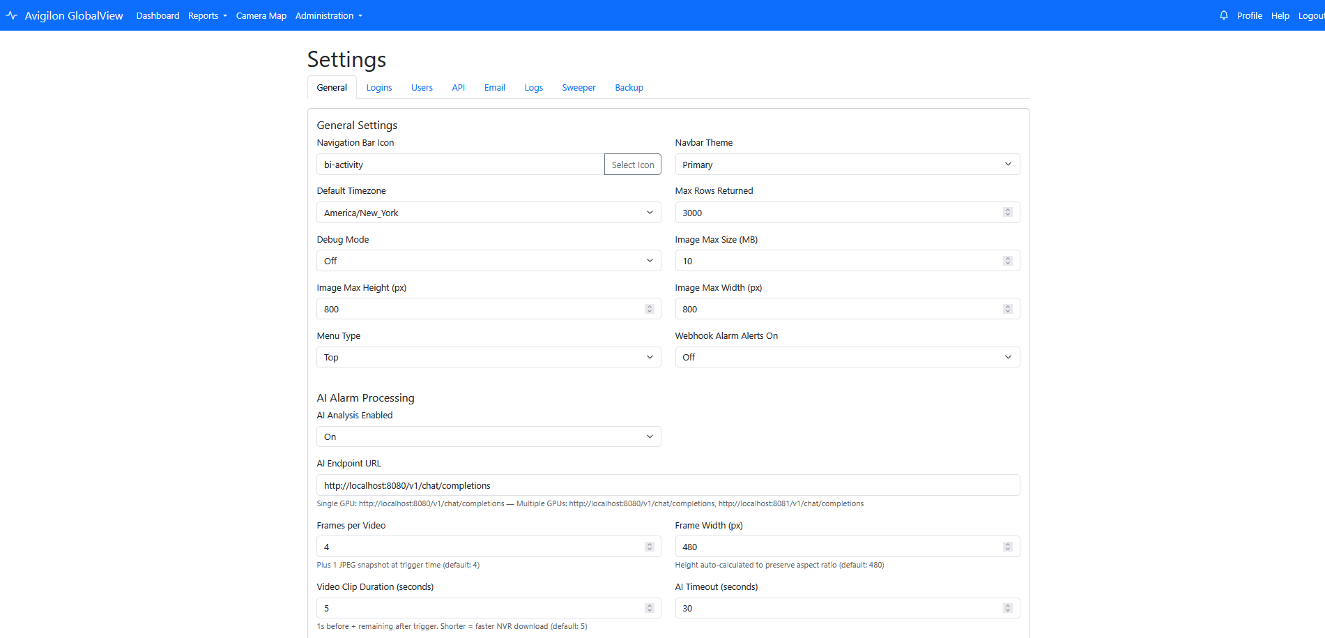 Settings page